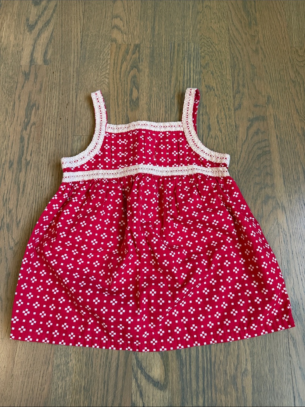 Red Floral Tunic with Cream Lace Trim